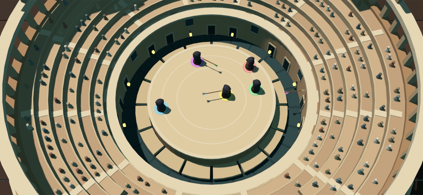 Top-down view of a sandstone colosseum arena with four coloured players holding spears on the sand floor.