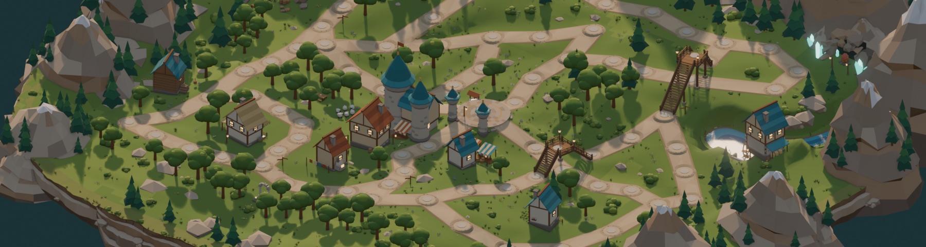Wide panorama render of the Embervale valley board, showing the castle, village, forest and paths across the whole map.