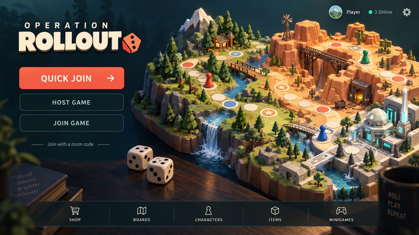 Illustrated key art of the game's main menu: a tabletop scene with a 3D board island, dice, the Operation Rollout wordmark and Quick Join, Host Game and Join Game buttons.