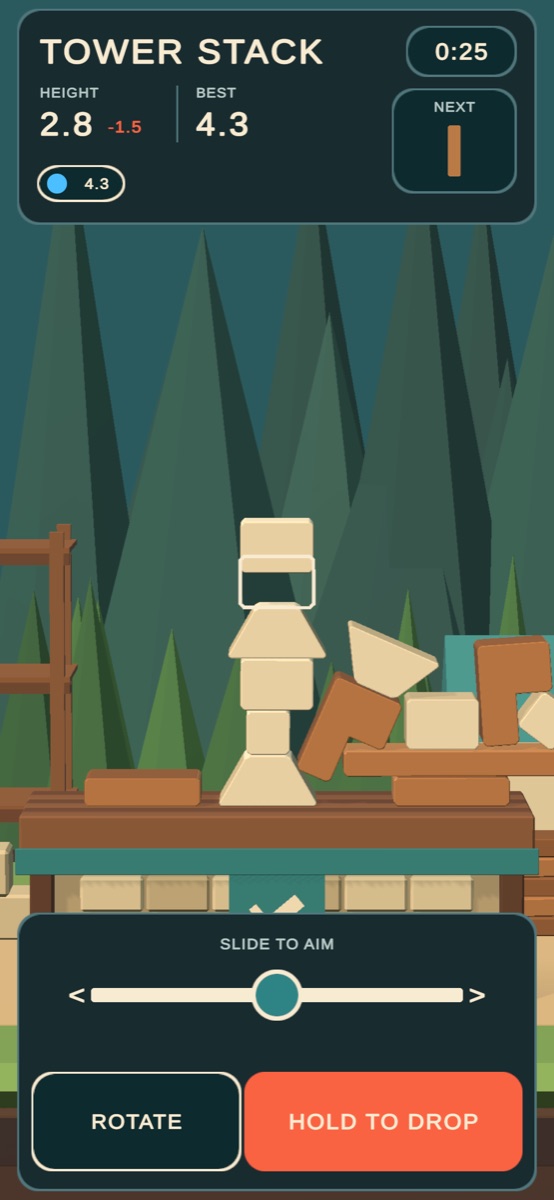 A phone screen showing the Tower Stack minigame in progress, with a stacked tower of timber and stone blocks, a height readout, and on-screen controls to aim, rotate and drop the next piece.