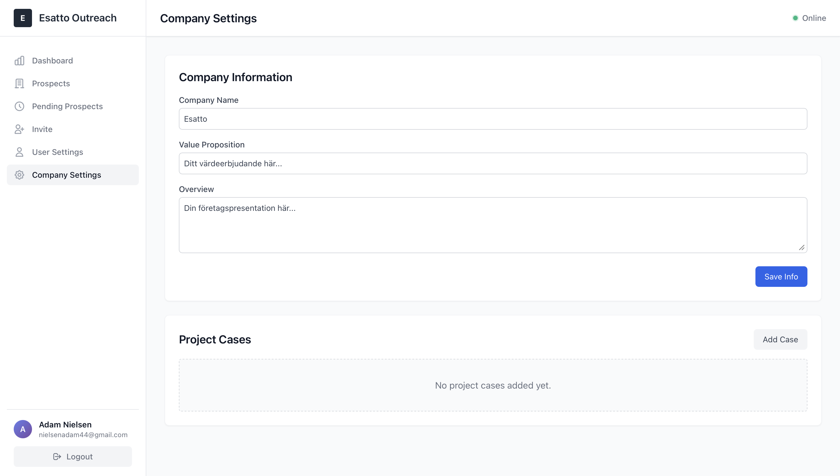 Contextual Outreach company settings showing positioning fields and a section for previous project cases.