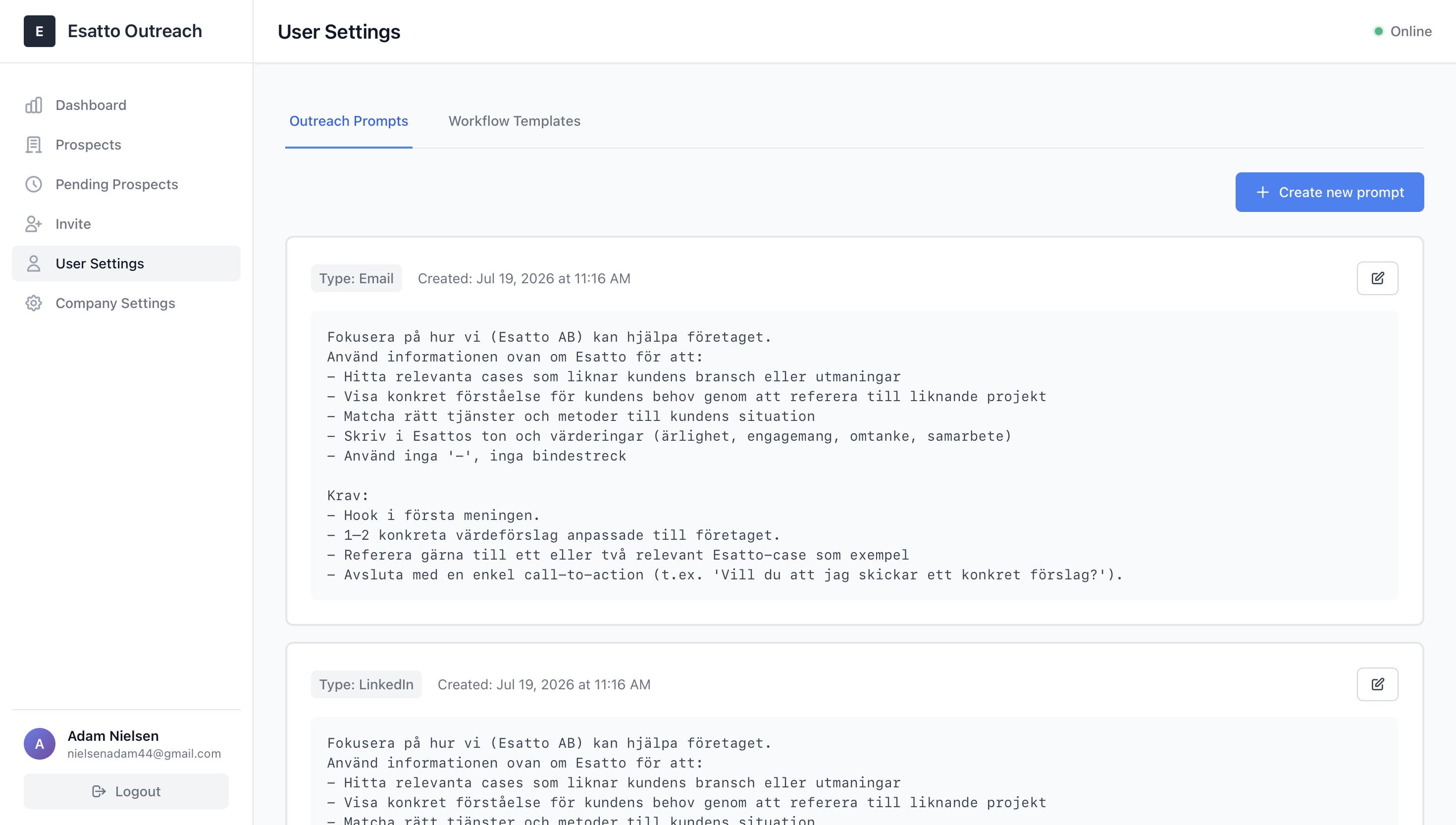Contextual Outreach user settings showing separate configurable prompts for email and LinkedIn outreach.