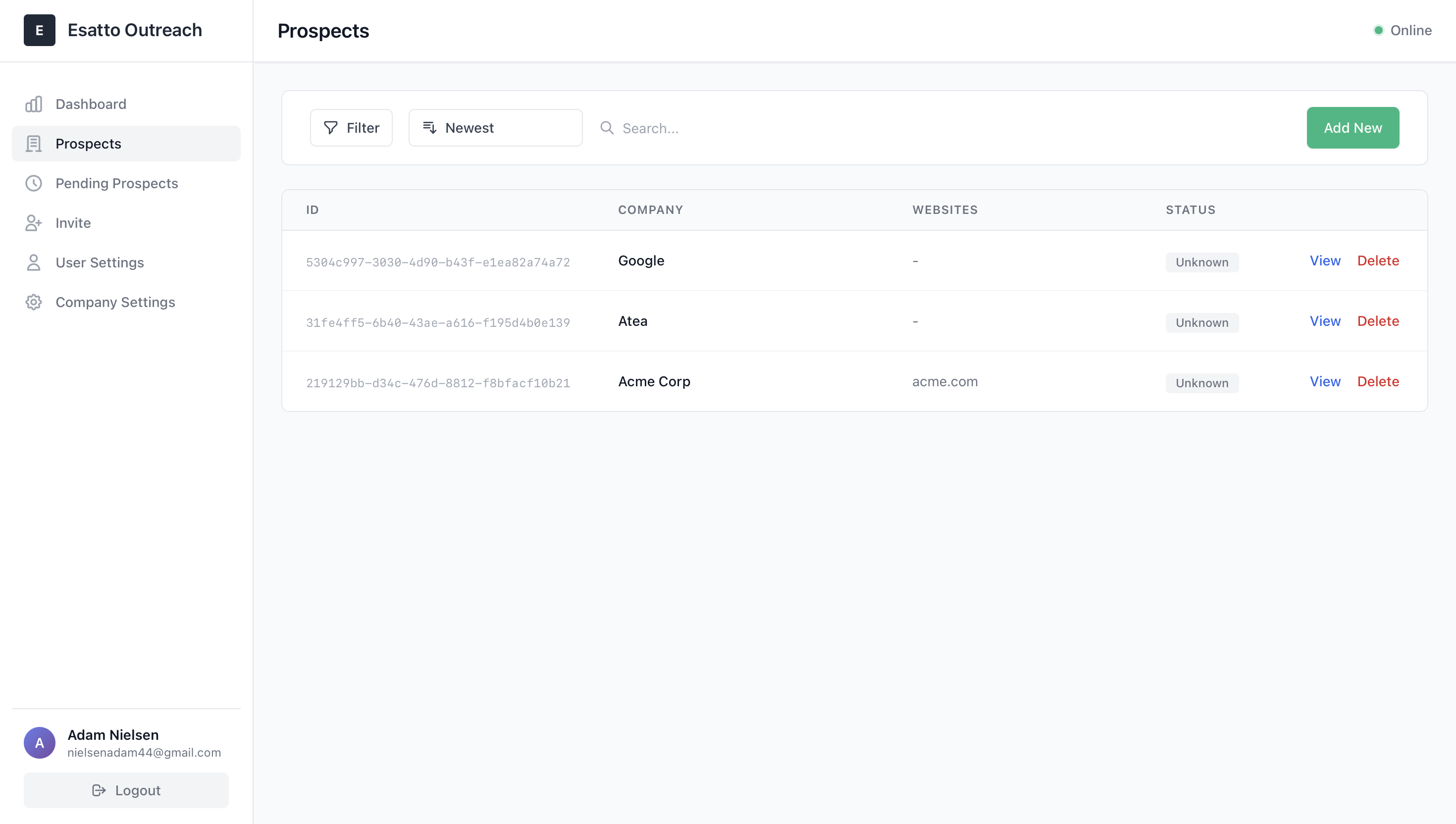 Contextual Outreach prospect list showing search, filtering, sorting, and several prospect records.